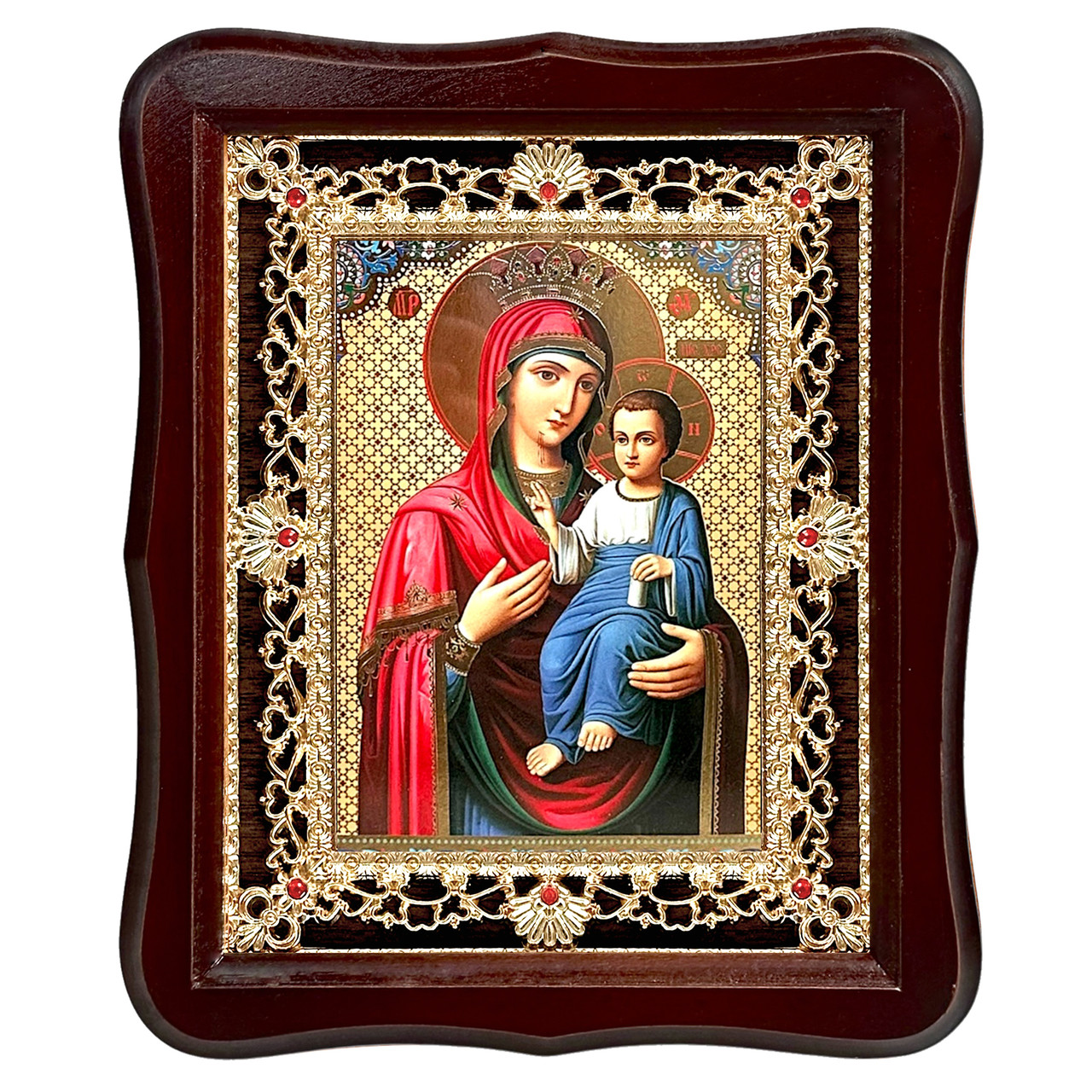 Ікона Іверська Пресвята Богородиця, лик 15х18 см, у темному дерев'яному кіоті з камінням, фото 1