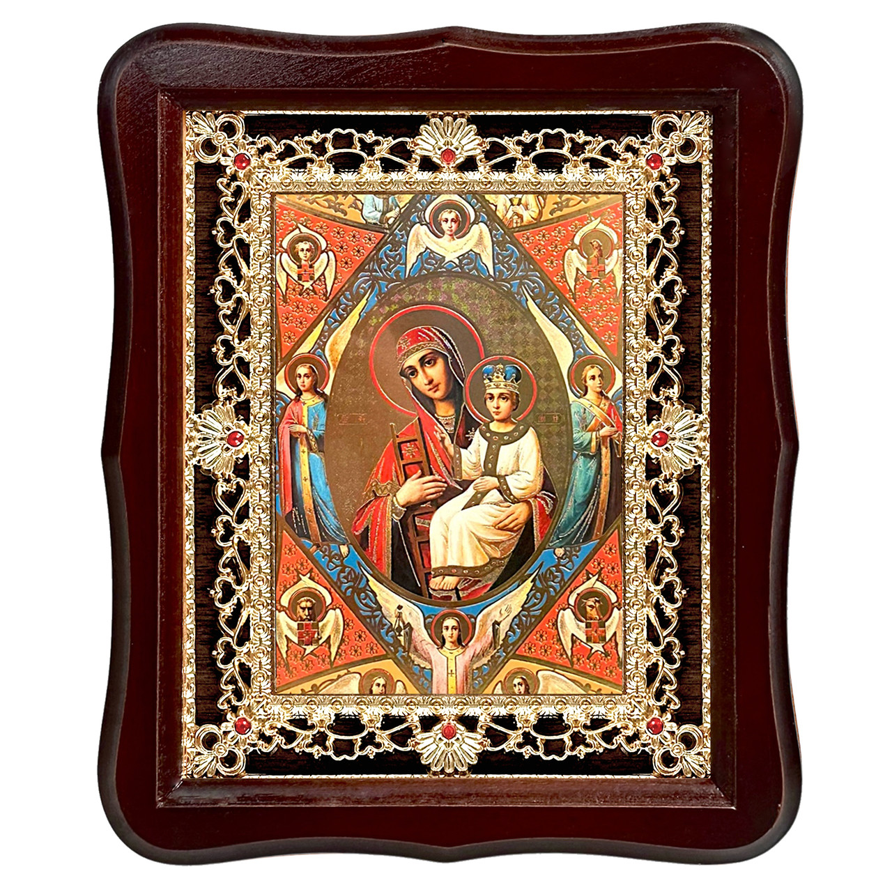 Ікона Неопалима Купина Пресвята Богородиця, лик 15х18 см, у темному дерев'яному кіоті з камінням, фото 1