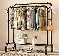 Металева стійка-вішалка для одягу з полицями для аксесуарів, Подвійна підлогова вішалка Чорна