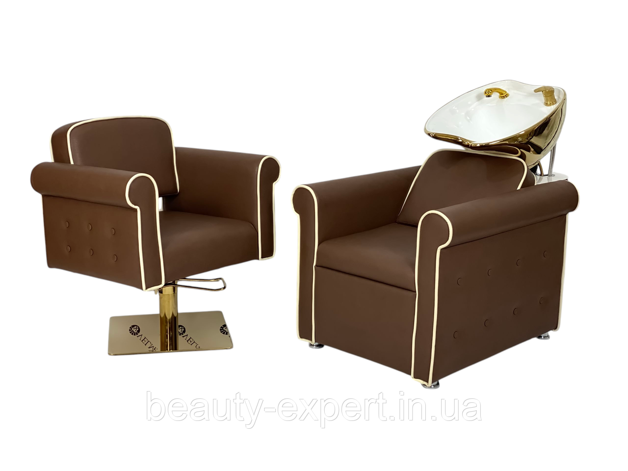 Набір меблів для перукарського залу PERFETTO GOLD: мийка із золотою керамікою + перукарське крісло, фото 1