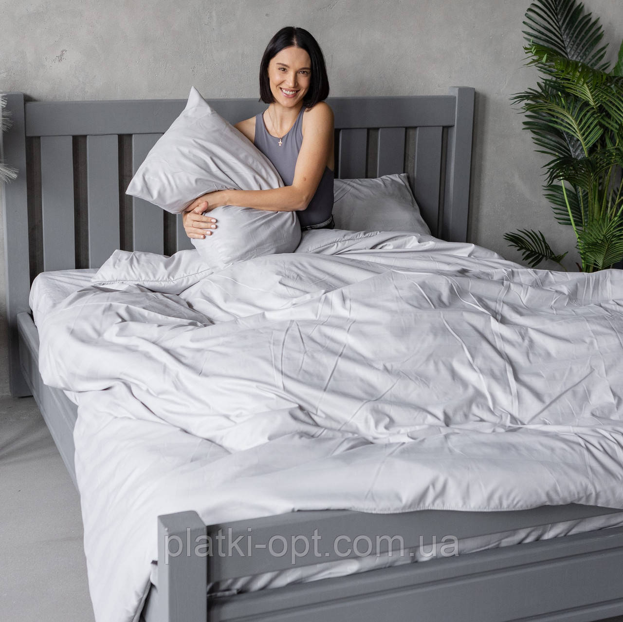 Комплект постільної білизни на резинці Страйп світло-сірий (двоспальний), фото 1