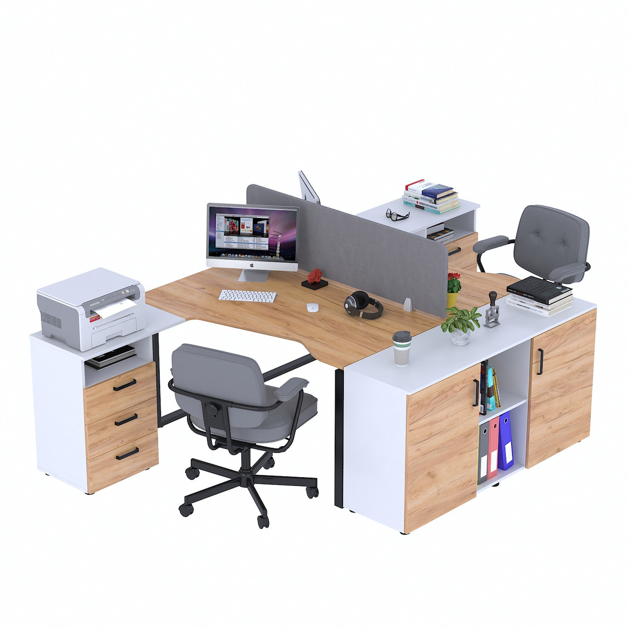 Стіл подвійний кутовий з тумбою ND2U-3S-135 + LT-141-75 Дуб Крафт золотой - Белый, фото 1