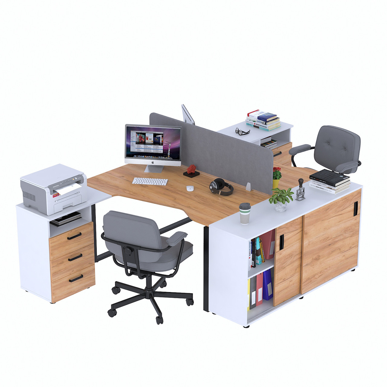 Стіл подвійний кутовий з тумбою ND2U-3S-135+LS-141-75 Дуб Крафт золотой - Белый, фото 1