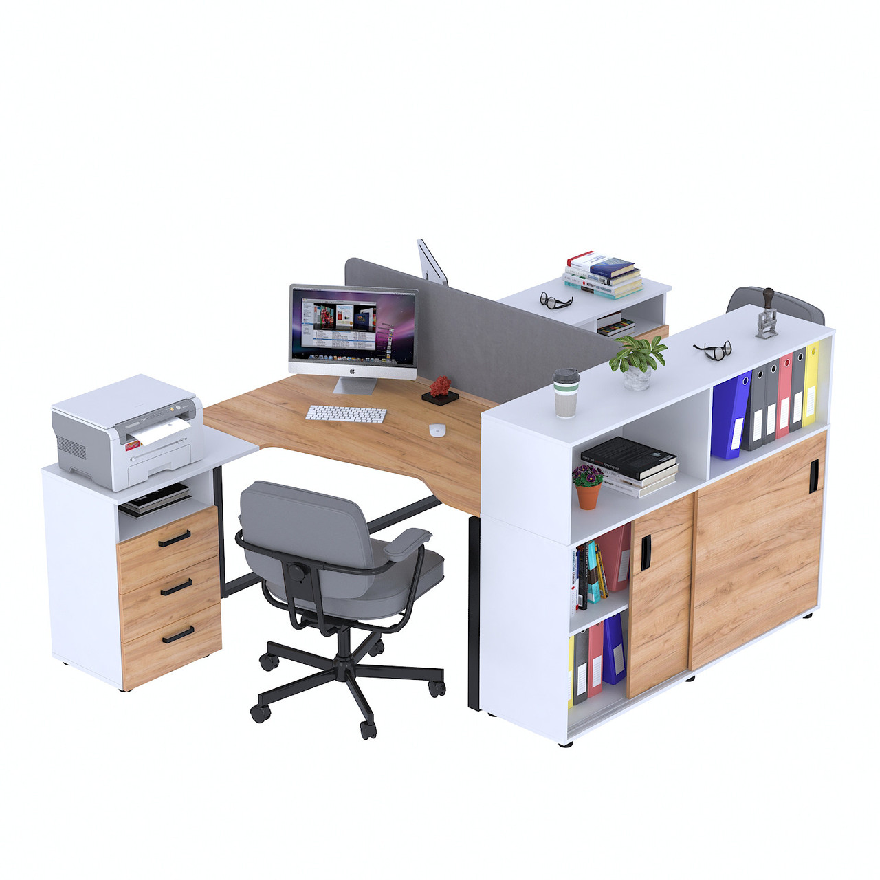 Стіл подвійний кутовий з тумбою ND2U-3S-135+LSN-141-112 Дуб Крафт золотой - Белый, фото 1