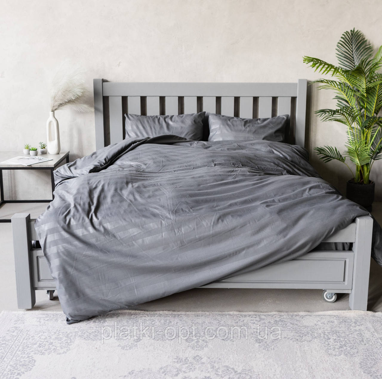 Комплект постільної білизни на резинці Страйп темно-сірий (півторачний)