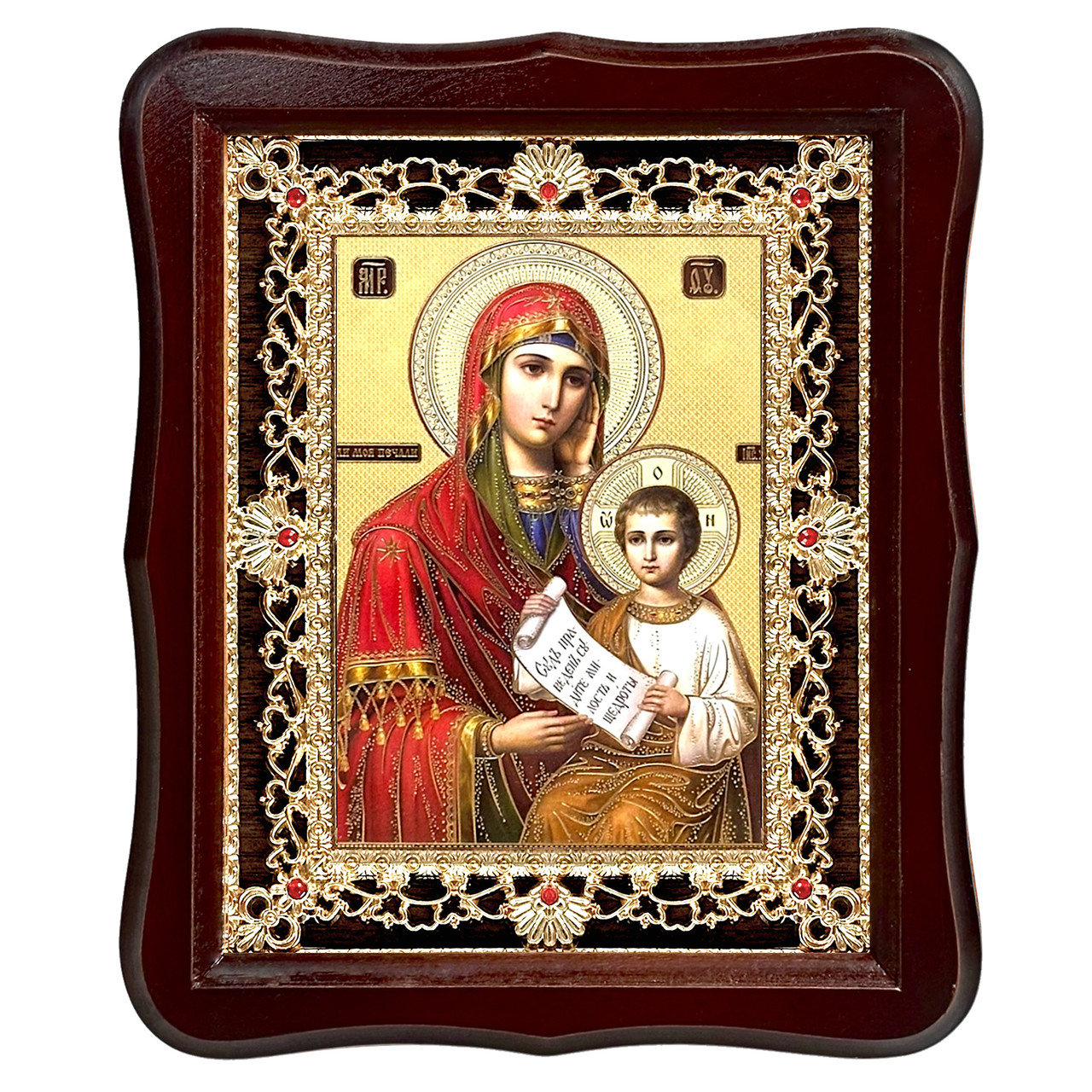 Ікона Вгамуй мій смуток Пресвята Богородиця, лик 15х18 см, у темному дерев'яному кіоті з камінням, фото 1