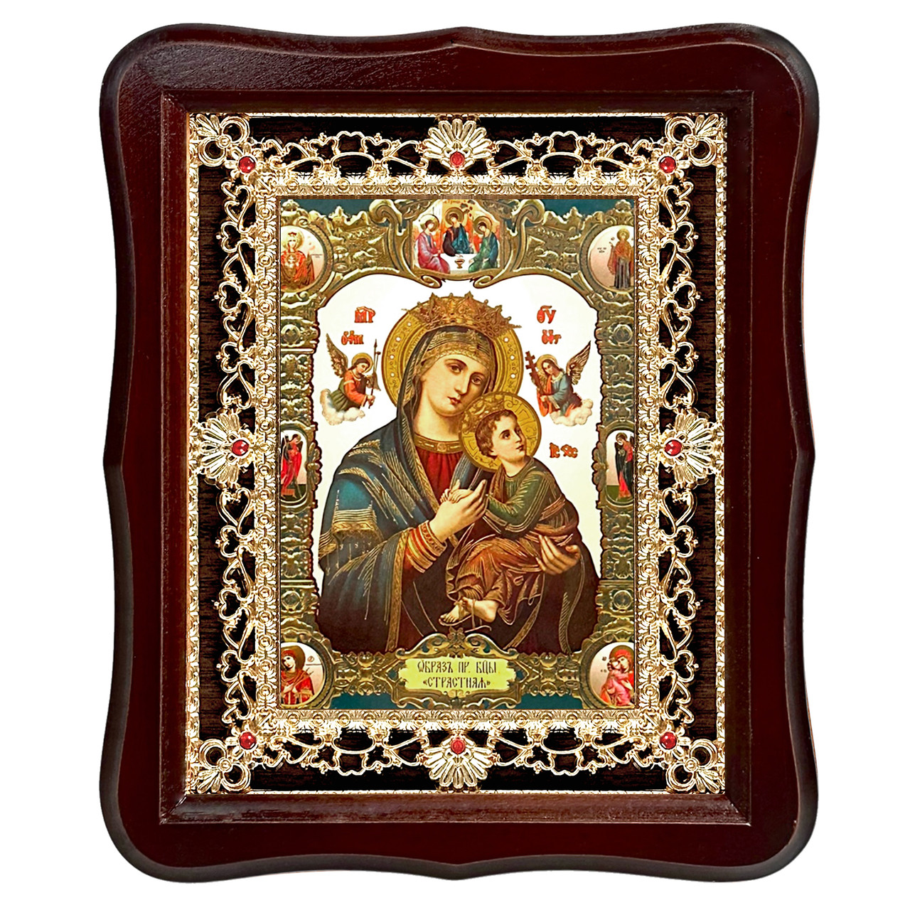 Ікона Пристрасна Пресвята Богородиця, лик 15х18 см, у темному дерев'яному кіоті з камінням, фото 1