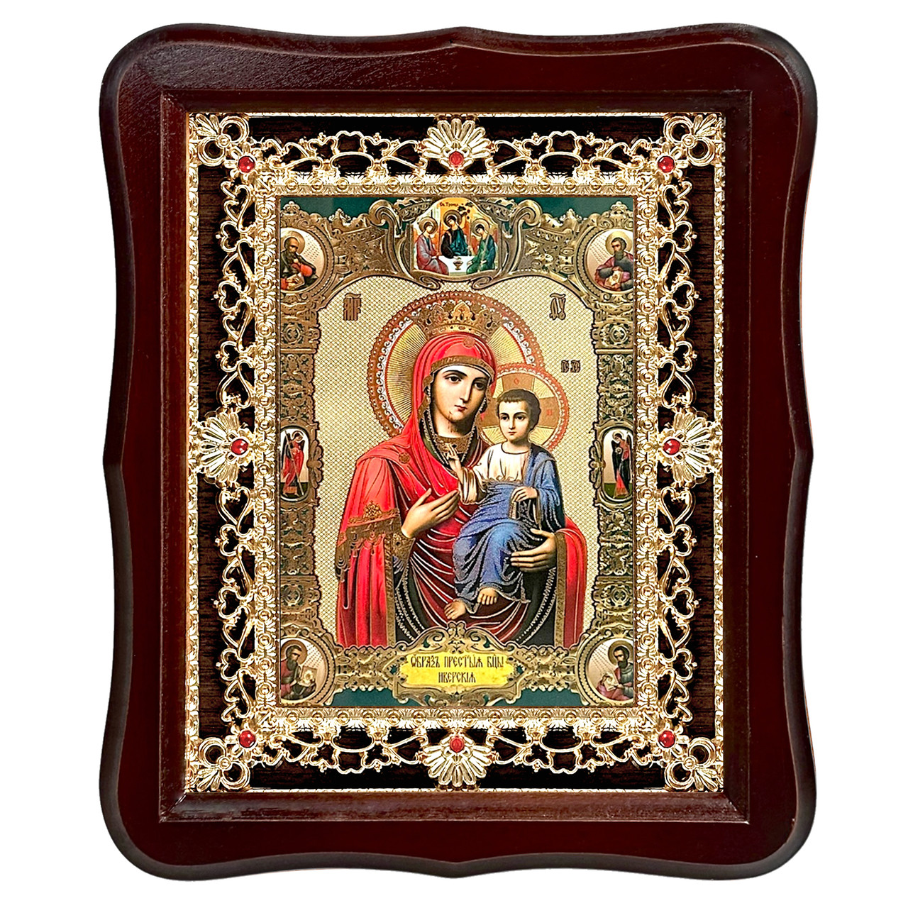 Ікона Іверська Пресвята Богородиця, лик 15х18 см, у темному дерев'яному кіоті з камінням, фото 1