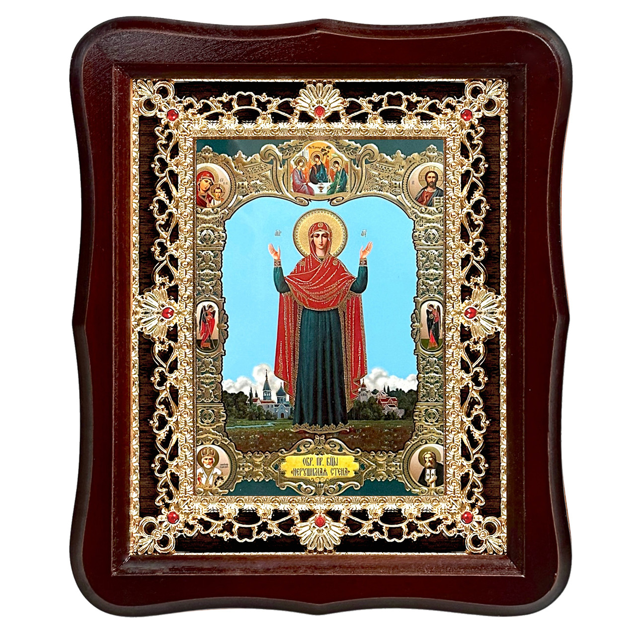 Ікона Непорушна стіна Пресвята Богородиця, лик 15х18 см, у темному дерев'яному кіоті з камінням, фото 1