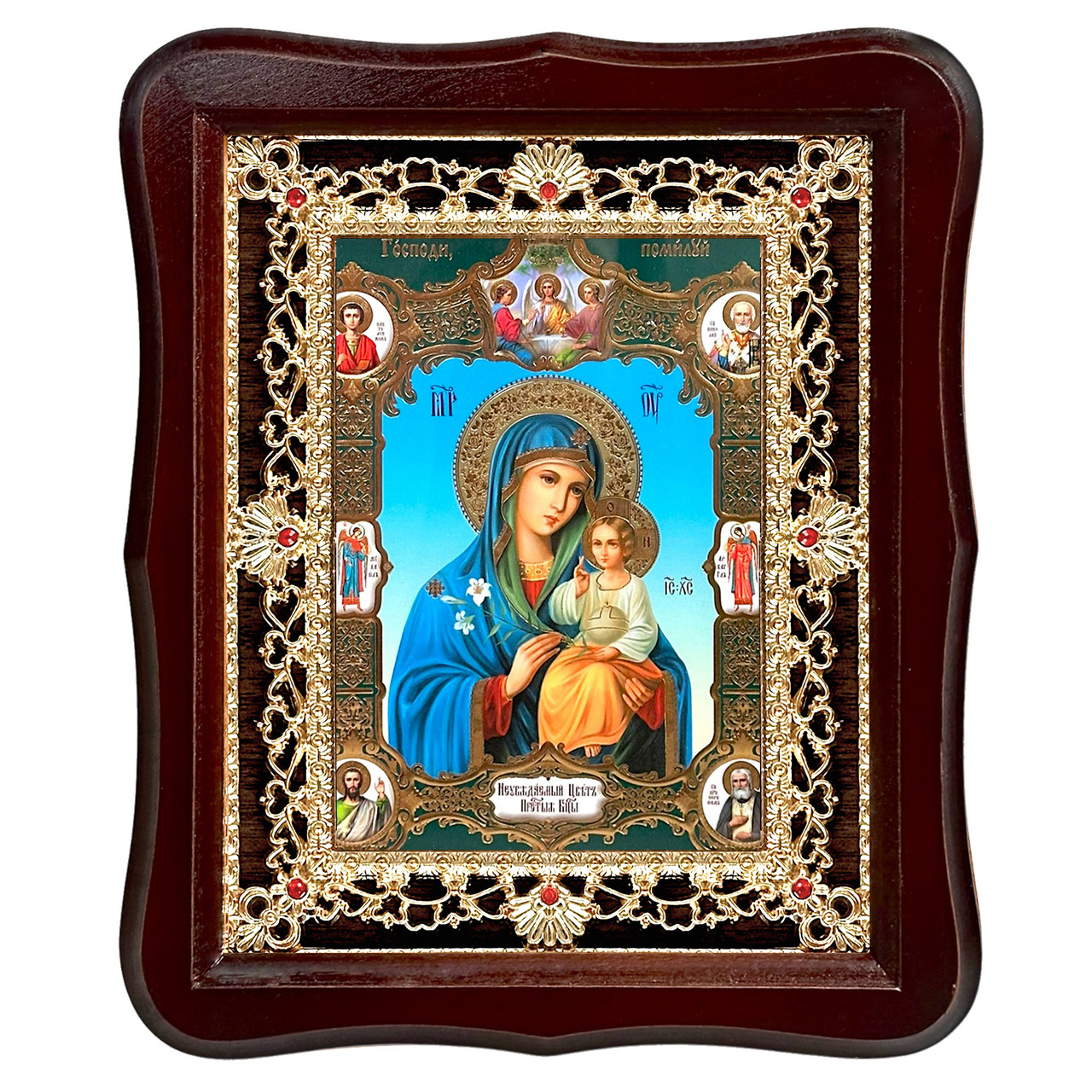 Ікона Нев'янучий Колір Пресвята Богородиця, лик 15х18 см, у темному дерев'яному кіоті з камінням, фото 1