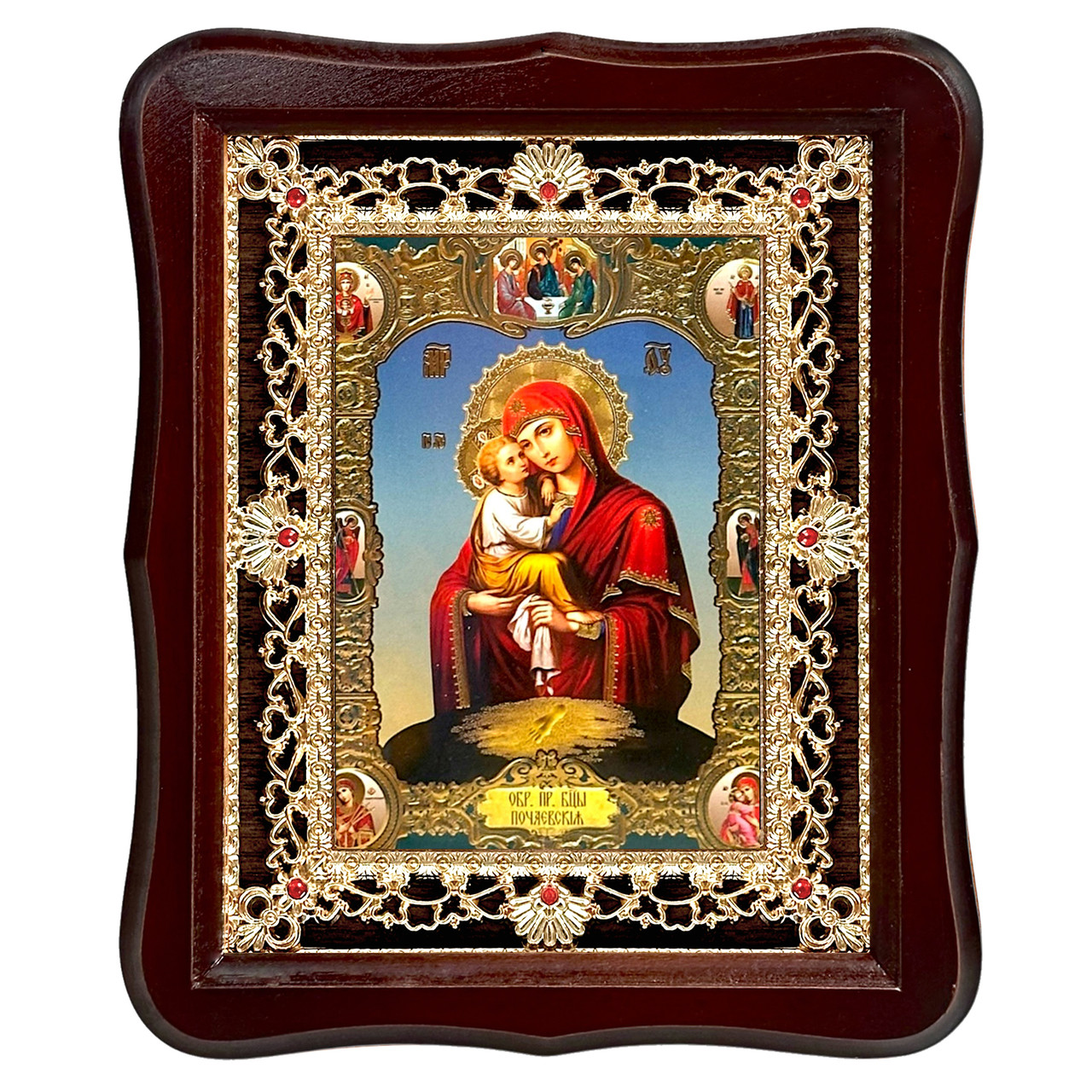 Ікона Почаївська Пресвята Богородиця, лик 15х18 см, у темному дерев'яному кіоті з камінням, фото 1