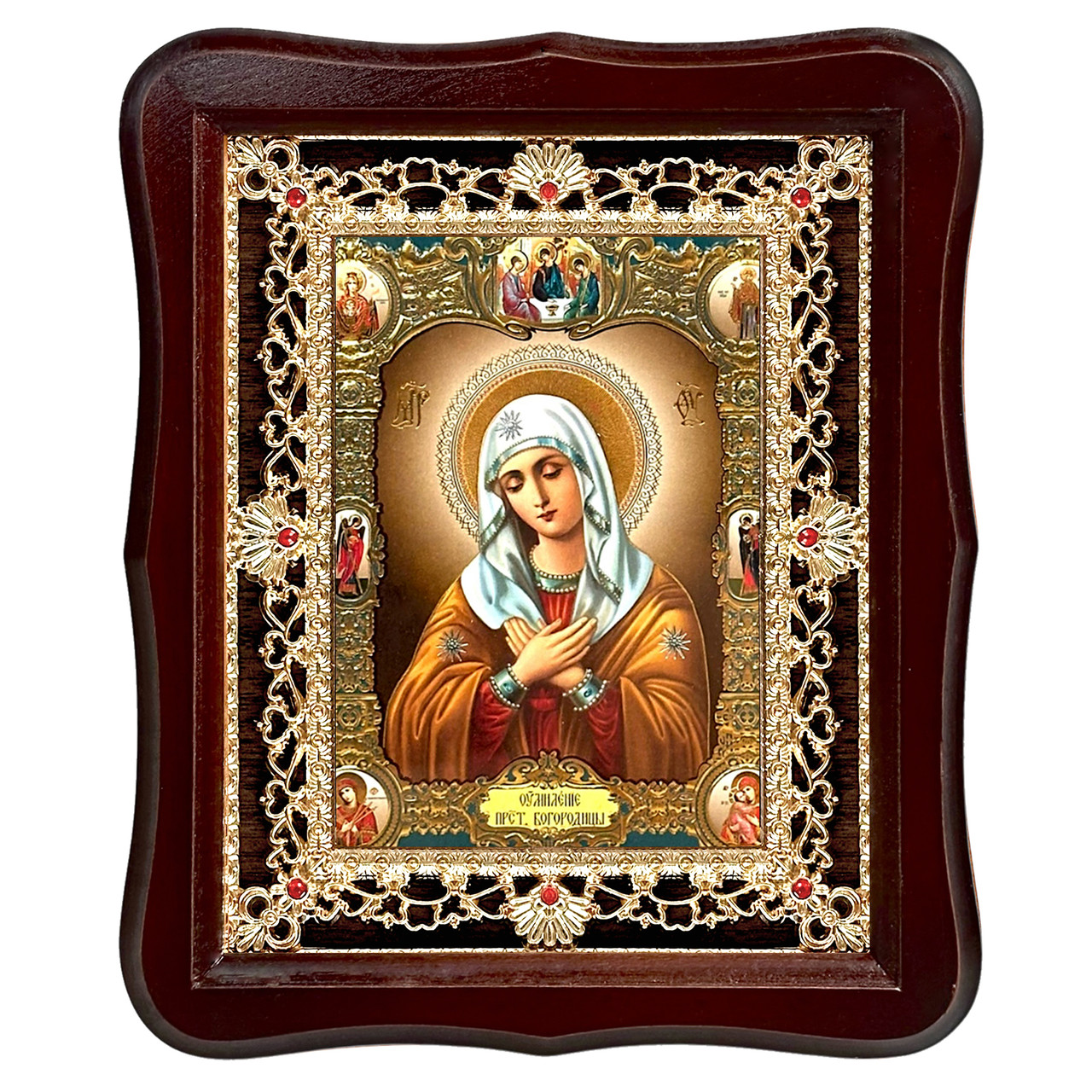 Ікона Розчулення Пресвятої Богородиці, лик 15х18 см, у темному дерев'яному кіоті з камінням, фото 1