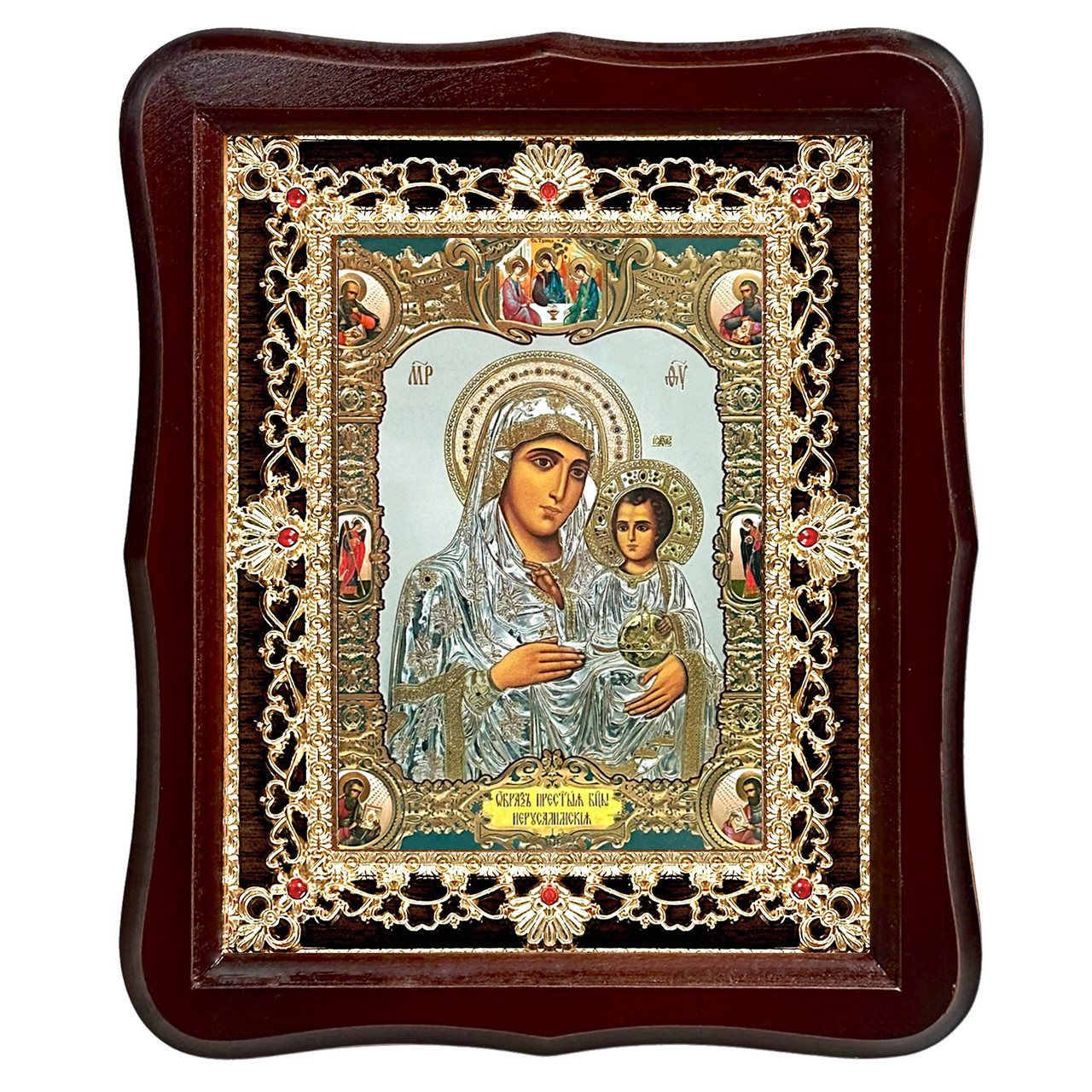 Ікона Єрусалимська Пресвятої Богородиці, лик 15х18 см, у темному дерев'яному кіоті з камінням, фото 1