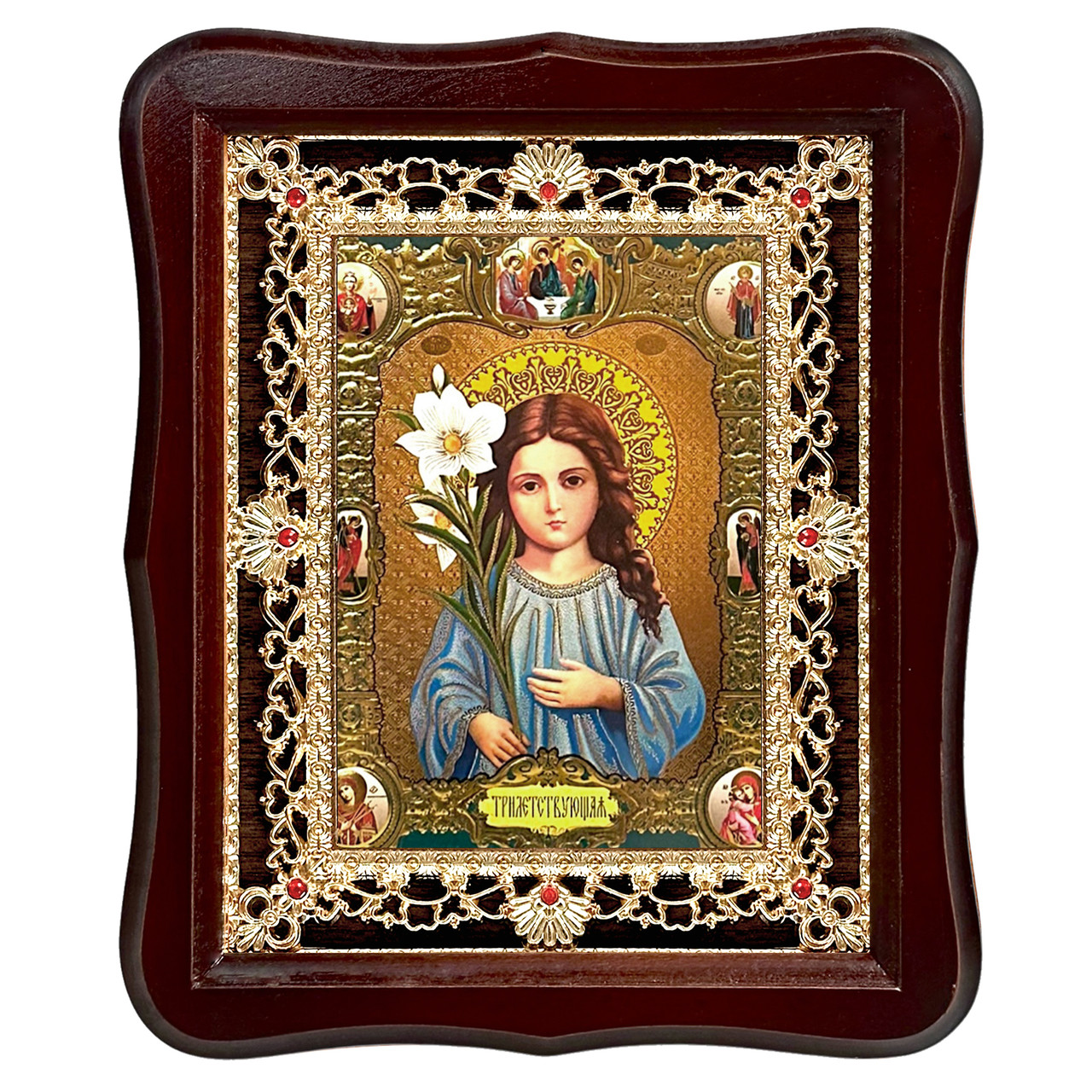 Ікона Божої Матері Трирічна, лик 15х18 см, у темному дерев'яному кіоті з камінням, фото 1