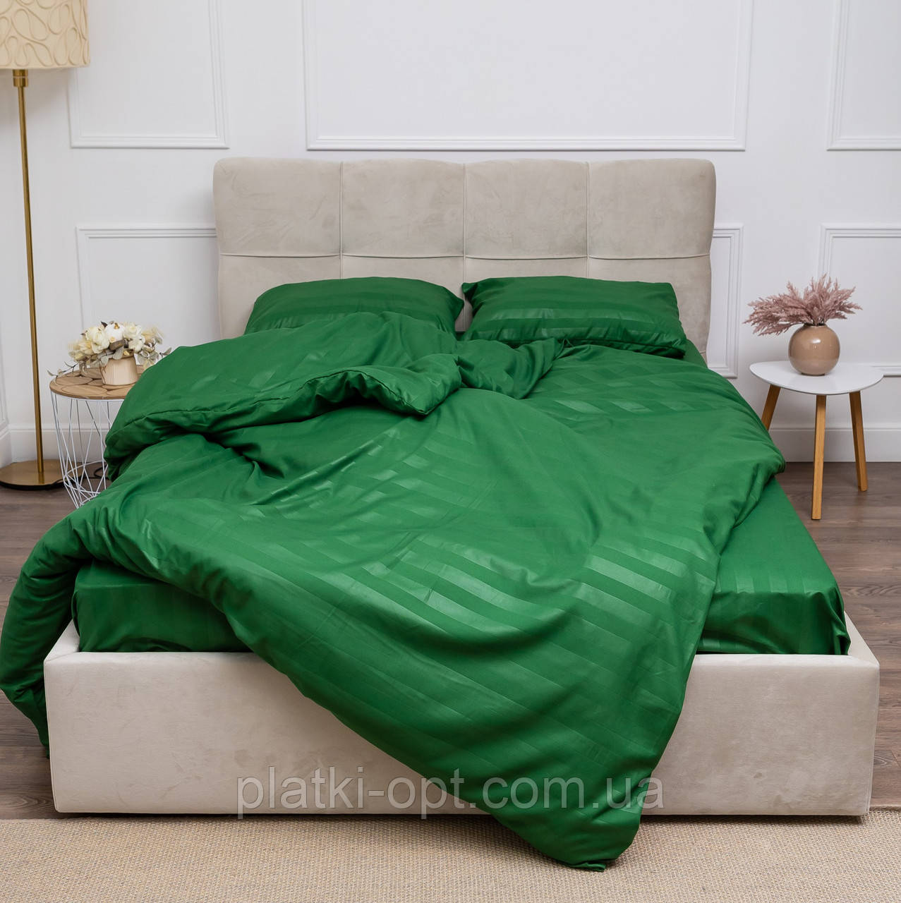 Комплект постільної білизни на резинці Страйп зелений (двоспальний)