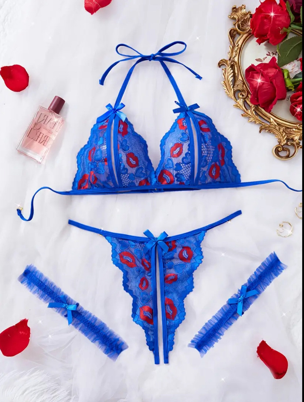 Комплект білизни Kiss із підв'язками на ніжки (р.L, синій), фото 1