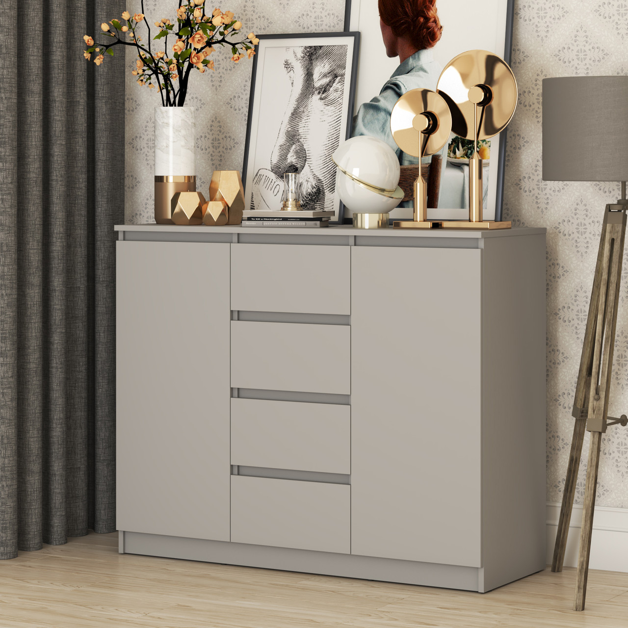 Стильний сірий комод 120 см з шухлядами і полицями без ручок модерн в кімнату вітальню зал ЛДСП Нео Мебель Стар, фото 1