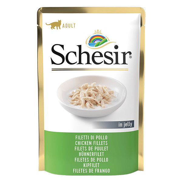 Schesir Chicken Fillets ШЕЗІР КУРЯЧЕ ФІЛЕ в желе натуральні консерви для котів, вологий корм, пауч 85г, фото 1