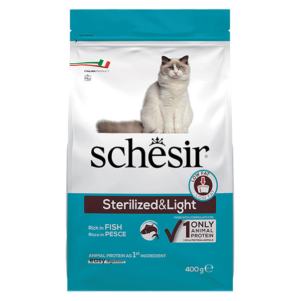 Schesir Cat Sterilized & Light Шезір сухий монопротеїновий корм для стерилізованих кішок та кастрованих котів 0.4кг, фото 1