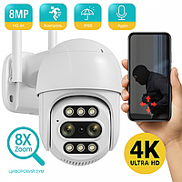 Уличная поворотная WiFi IP-камера бинокулярная ICsee 8MP с 8x ZOOM и двойным объективом 2.8mm + 12mm BVS
