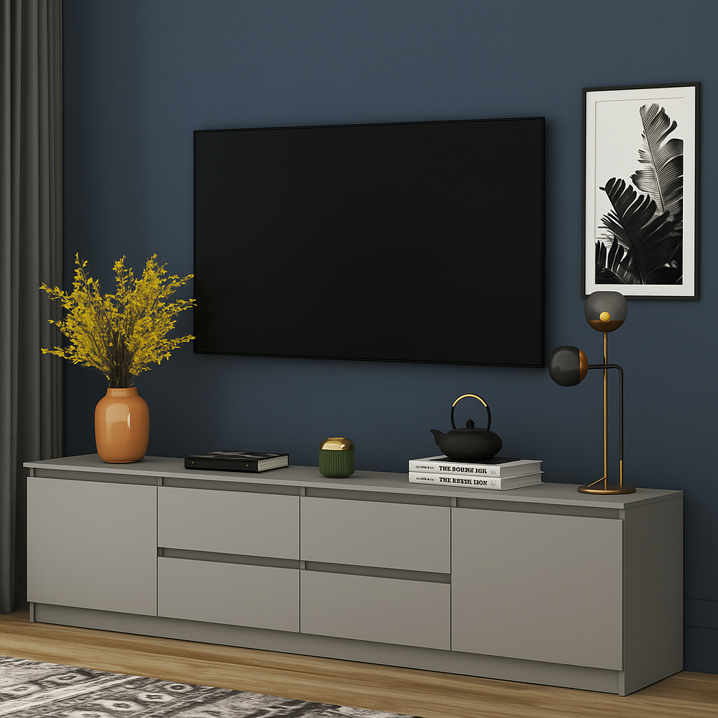 Стильна сіра довга тумба під телевізор тв плазму 200 см без ручок у спальню вітальню зал Нео Мебель Стар