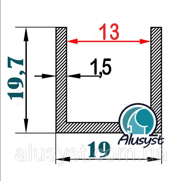 16мм / 19х19,7х1,5 швелер 50см / анодований