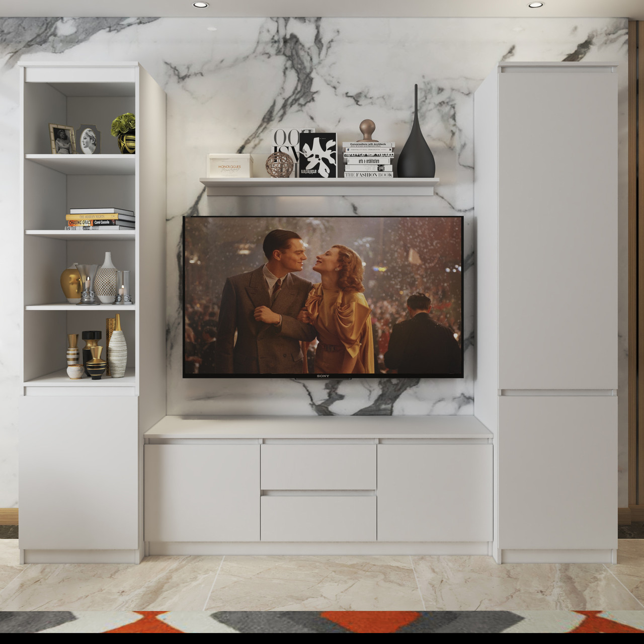 Сучасна модульна біла тв стінка під телевізор невелика 2,5 метра у вітальню зал ЛДСП Нео Мебель Стар