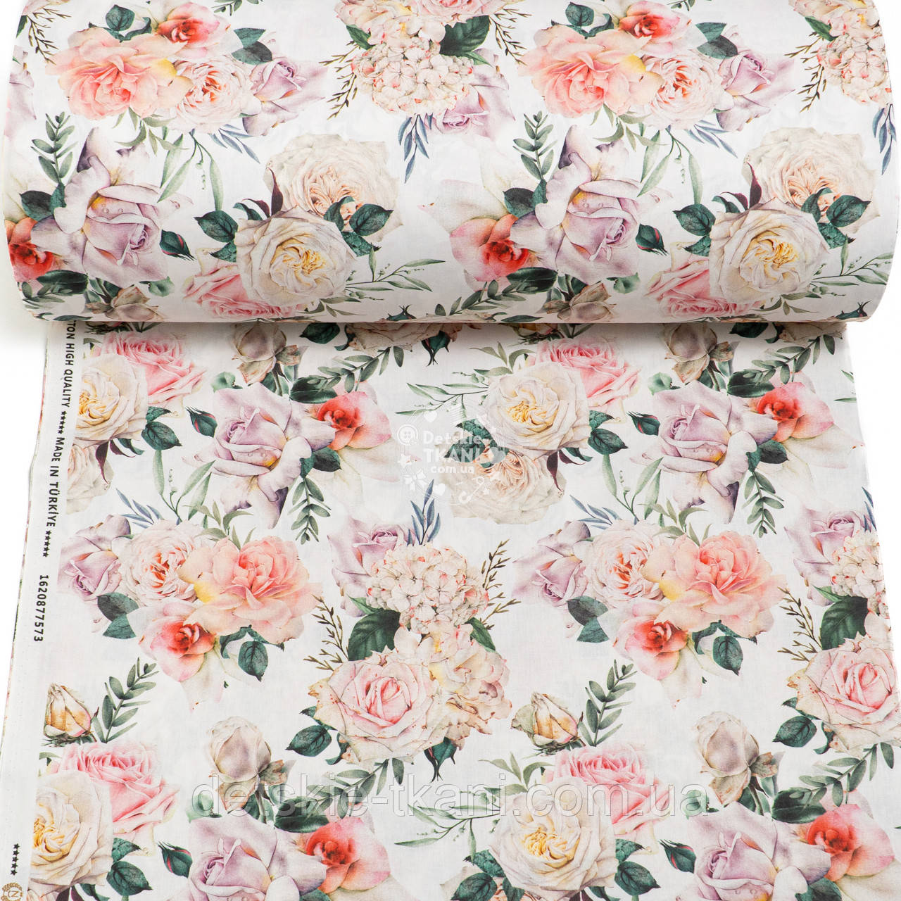 Ранфорс digital з цифровим друком "Рожево-пісочні троянди та гортензії", №5646, фото 1