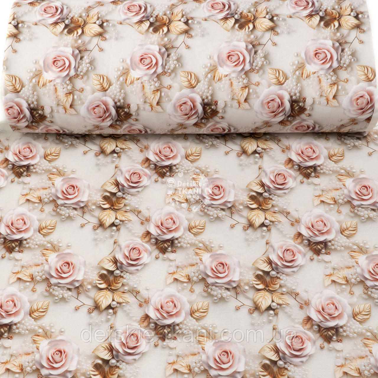 Ранфорс digital з цифровим друком 5D "Трояндочки із золотим листям і намистинками", №5637, фото 1