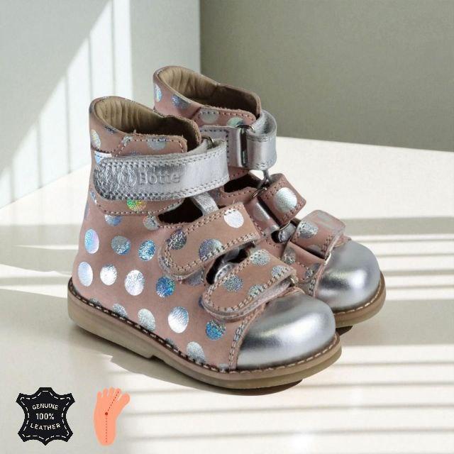 Дитячі туфлі шкіряні антиварусні з фіксацією п' ятки ортопедичні 21 р для дівчинки / Черевики з натуральної шкіри в горошок, фото 1