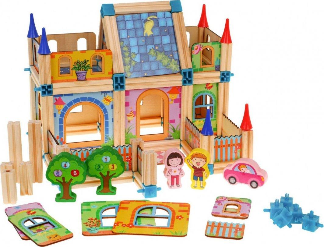 Дерев'яні конструктори для дітей 3+ Барвистий набір з 128 ел. для будівництва будинку, фото 1