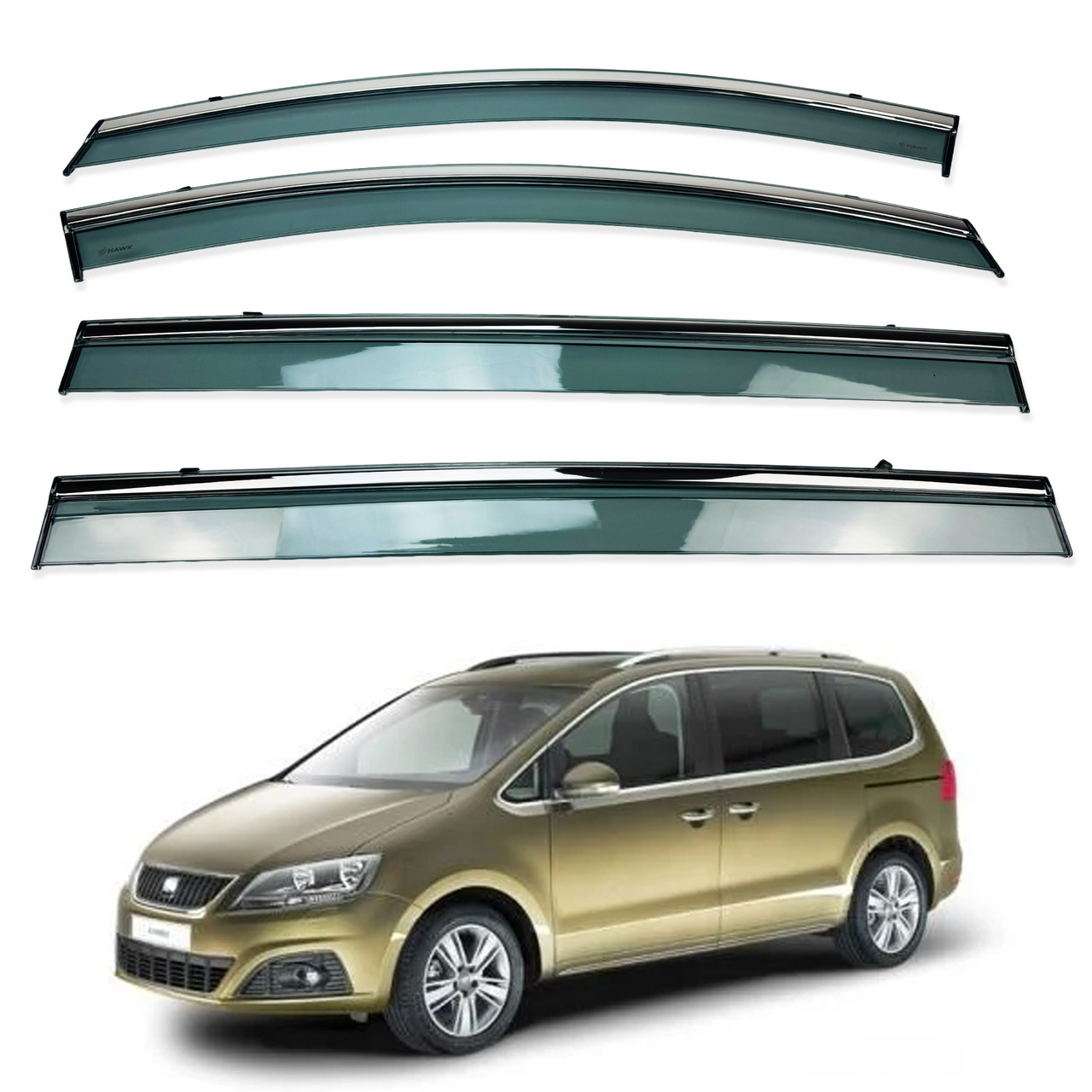 Дефлектори вікон (вітровики) Seat Alhambra 5D 2010+ з Хром полоскою накладні (HAWK), фото 1