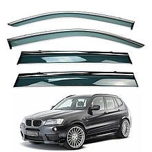 Дефлектори вікон (вітровики) для BMW X3 F25 2011-2017 з нерж. хром полоскою (HAWK)