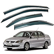 Дефлектори вікон (вітровики) для Mitsubishi Lancer 9 2003-2007 з нерж. хром полоскою (HAWK)
