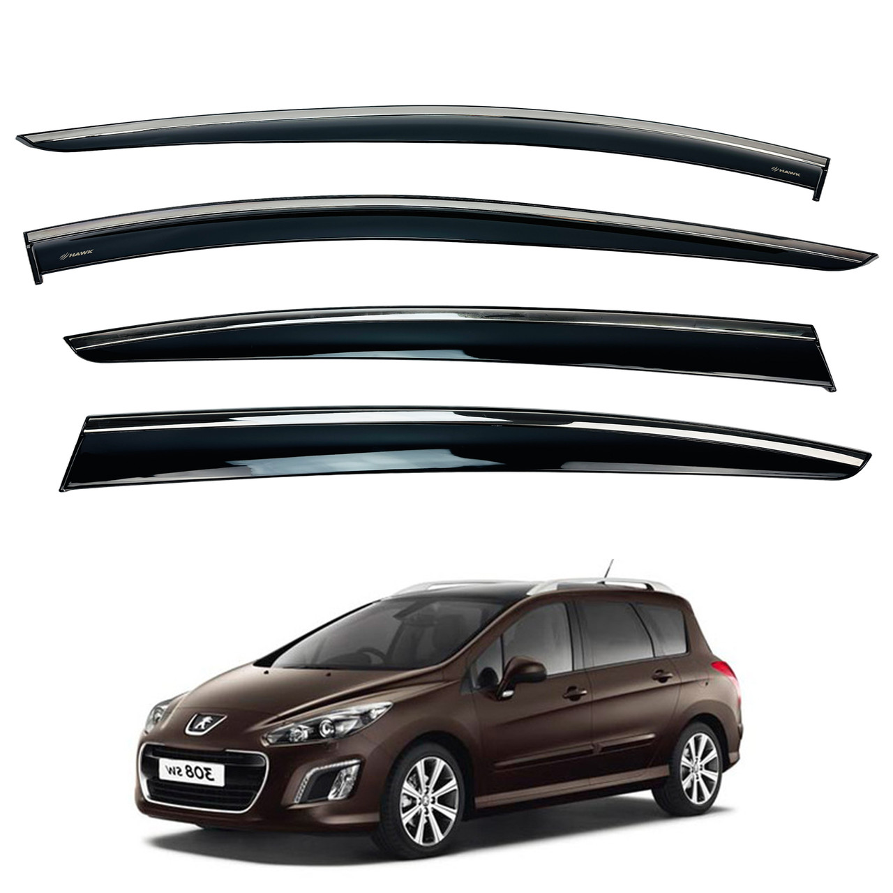 Дефлектори вікон (вітровики) для Peugeot 308 2007-2013 з нерж. хром полоскою (HAWK), фото 1