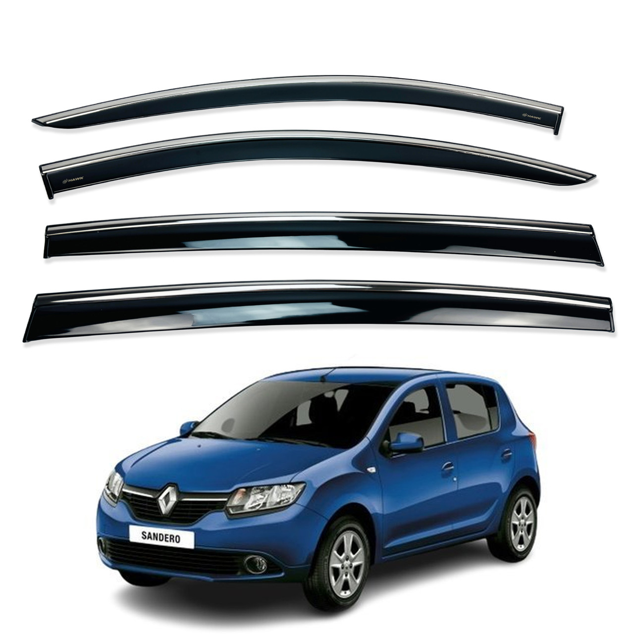 Дефлектори вікон (вітровики) для Renault Sandero / Stepway 2013-2021 з нерж. хром полоскою (HAWK), фото 1