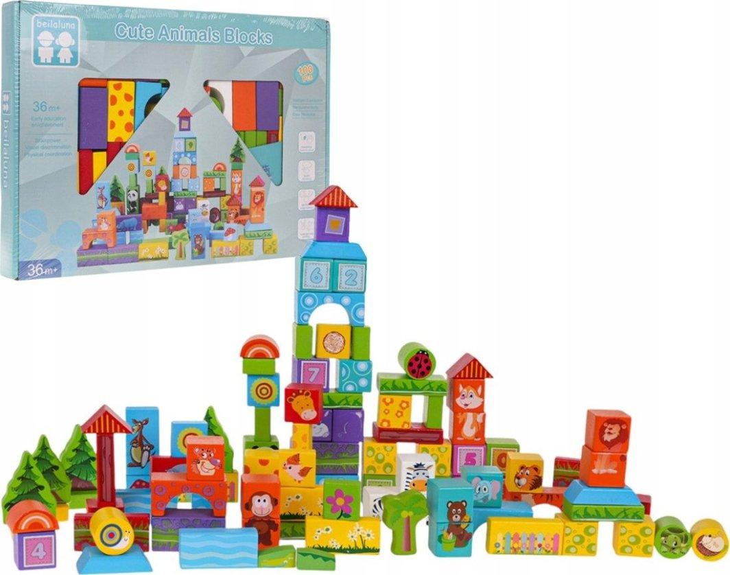 Дитячий набір дерев'яних кубиків Тварини 100ел. ZDR.BLLN-3430, фото 1