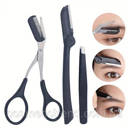 Набір для корекції форми брів тример-ножиці + складана бритва + пінцет скошений, фото 1