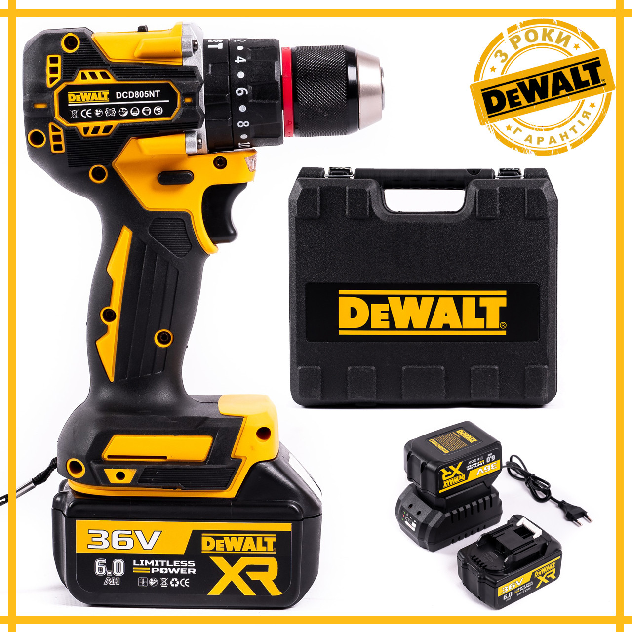 Шурупокрут акумуляторний DeWalt DCD805NT (36V, 6AH) Ударний дриль-шурупокрут безщітковий Деволт із набором bs