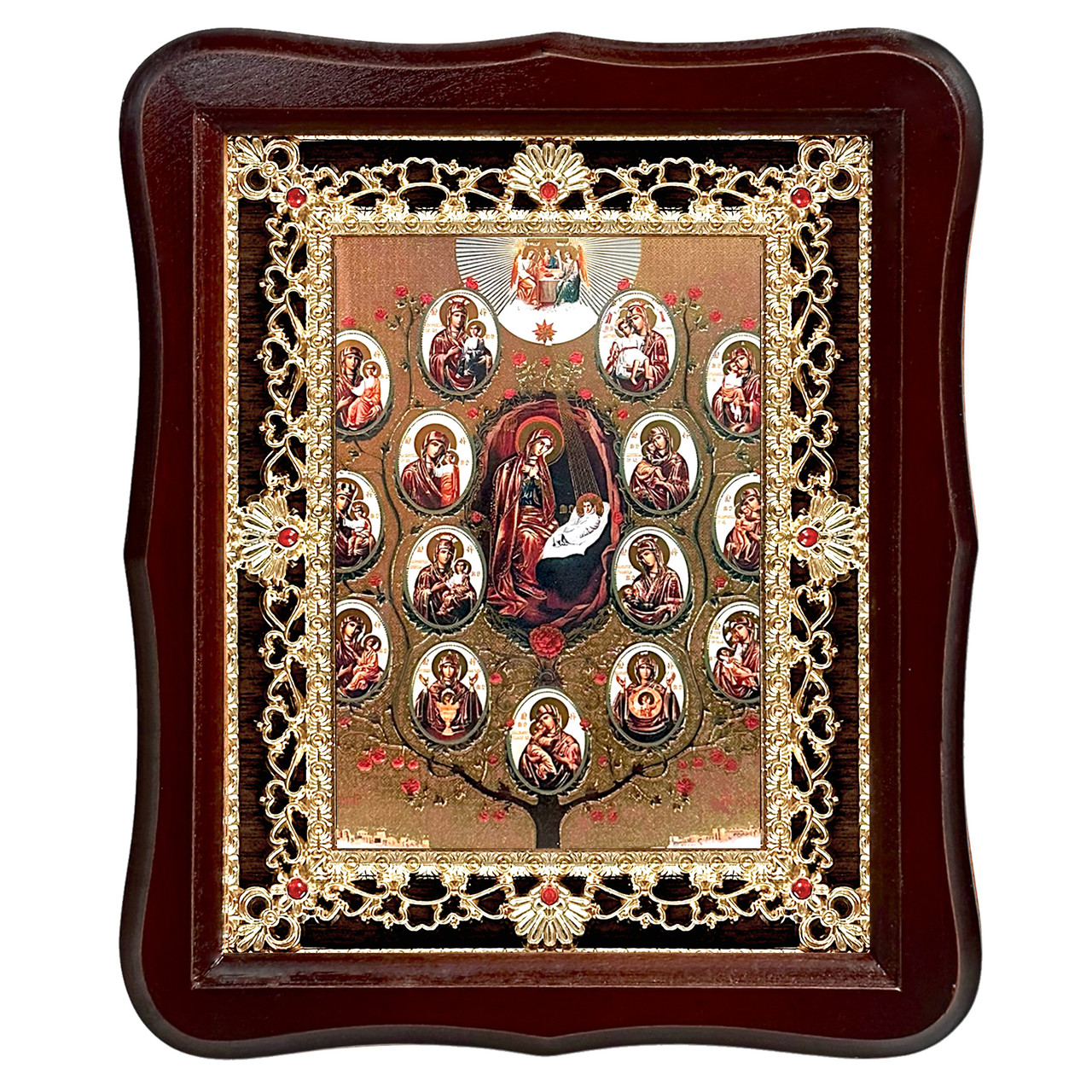 Ікона Горний Єрусалим Пресвятої Богородиці, лик 15х18 см, у темному дерев'яному кіоті з камінням, фото 1