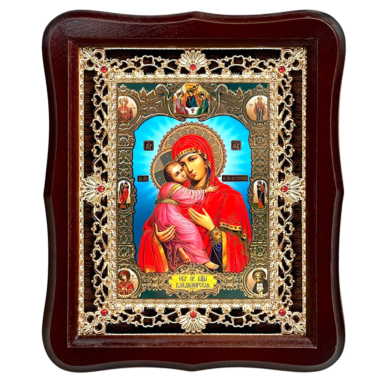 Ікона Володимирська Пресвята Богородиця, лик 15х18 см, у темному дерев'яному кіоті з камінням, фото 1