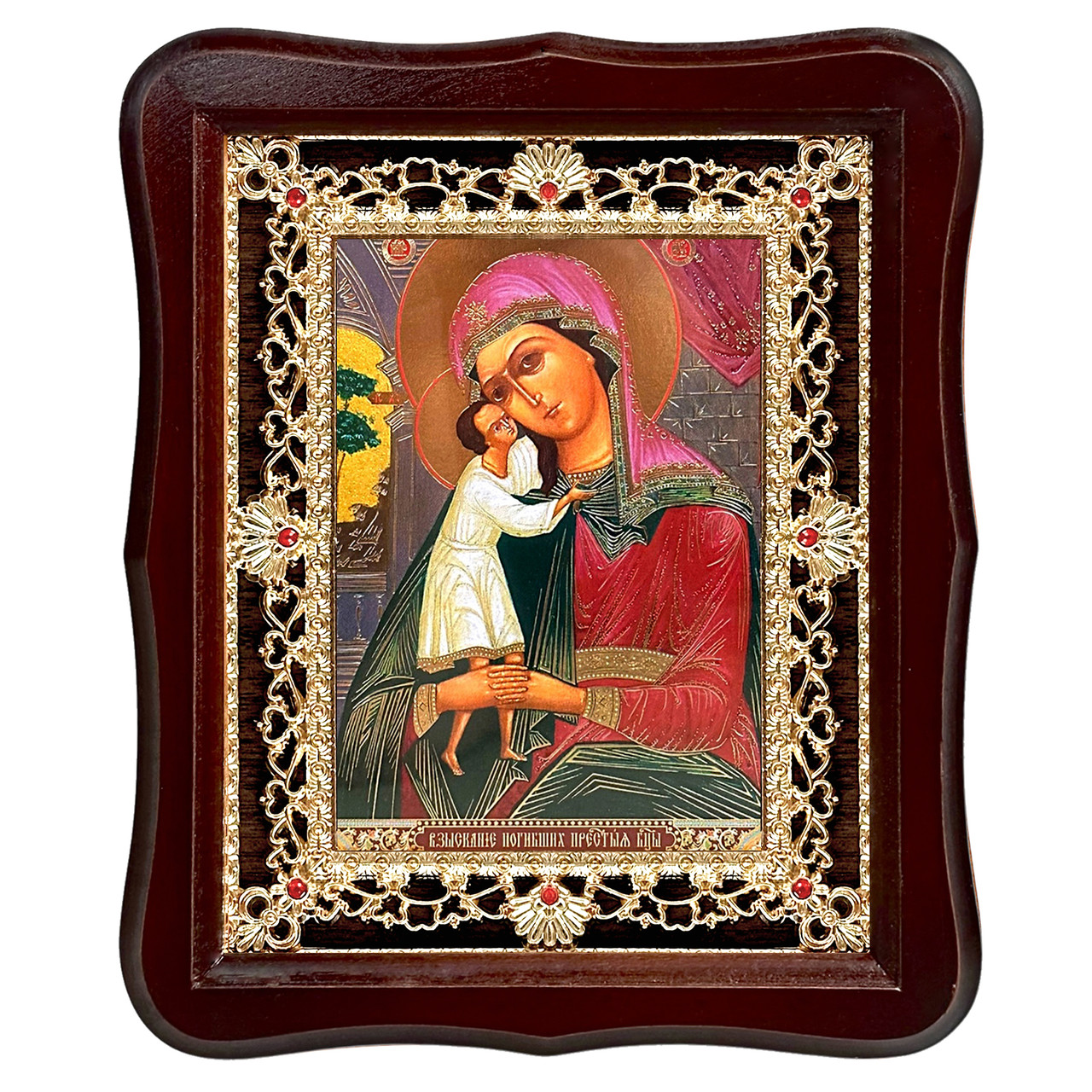 Ікона Стягнення загиблих Пресвята Богородиця, лик 15х18 см, у темному дерев'яному кіоті з камінням, фото 1