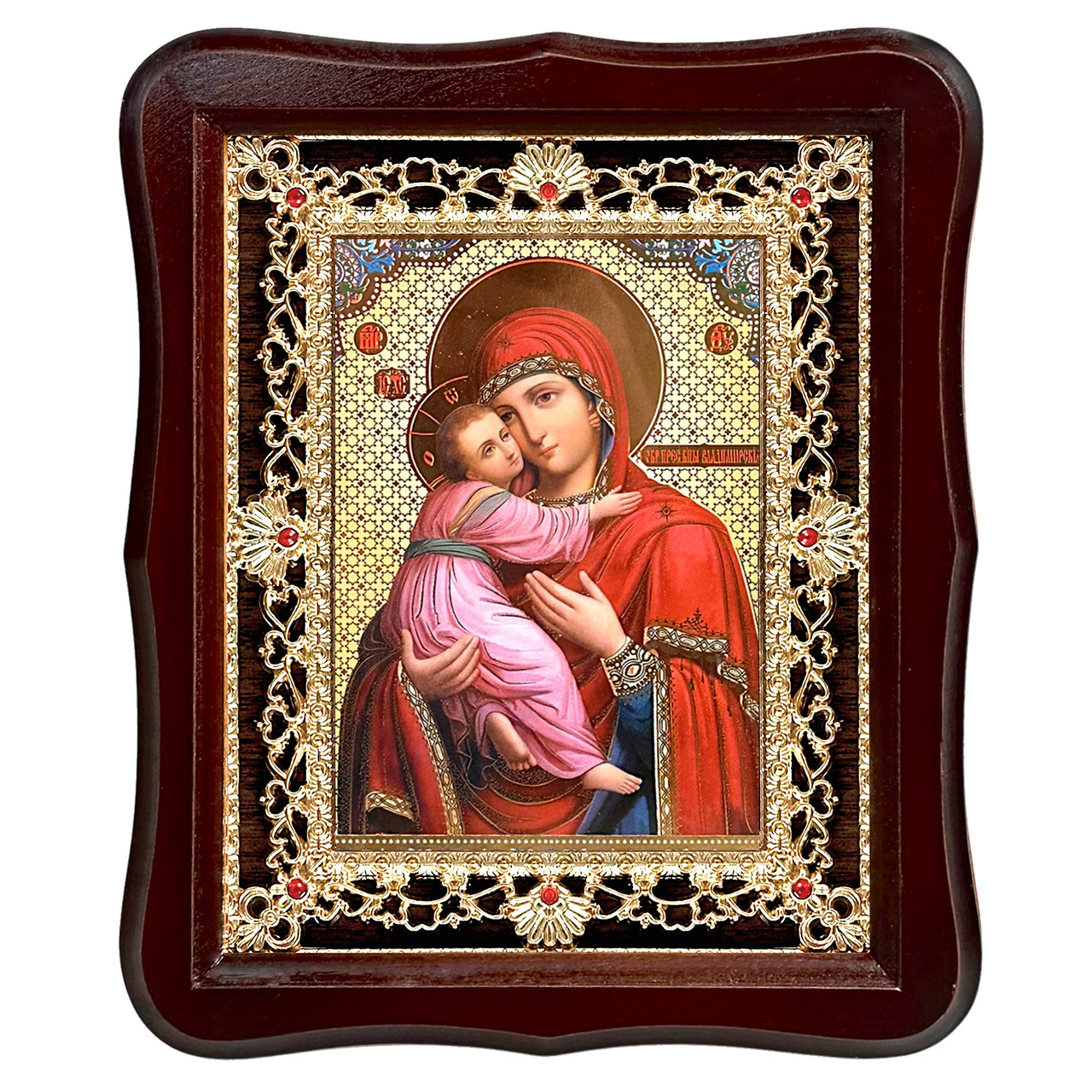 Ікона Володимирська Пресвята Богородиця, лік 15х18 см, у темному дерев'яному кіоті з камінням, фото 1