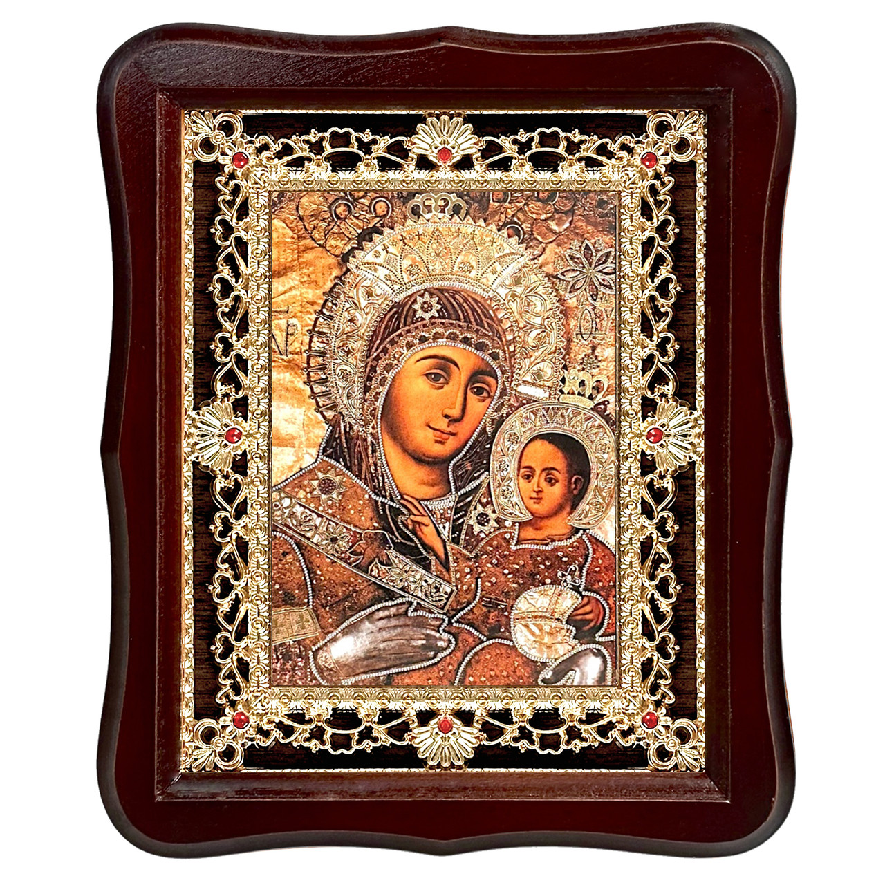 Ікона Віфлеємська Пресвята Богородиця, лик 15х18 см, у темному дерев'яному кіоті з камінням, фото 1