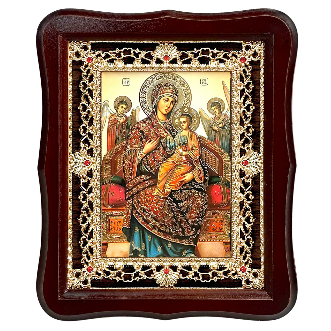 Ікона Всецариця Пресвята Богородиця, лик 15х18 см, у темному дерев'яному кіоті з камінням, фото 1