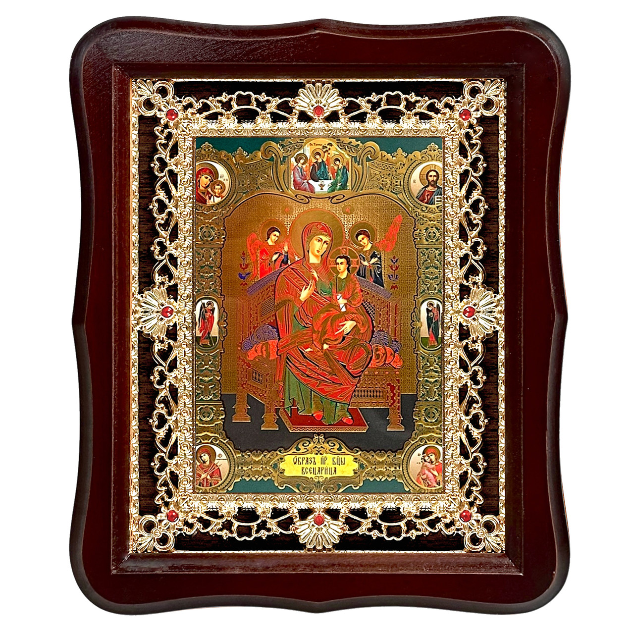 Ікона Всецариця Пресвята Богородиця, лик 15х18 см, у темному дерев'яному кіоті з камінням, фото 1
