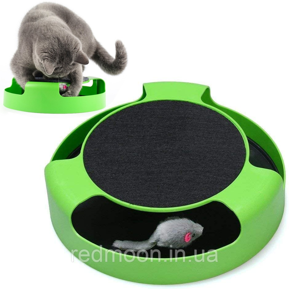 Інтерактивна іграшка для кота "Злови мишку" з кігтеточкою, Зелена / Котяча іграшка з кігтедралкою, фото 1
