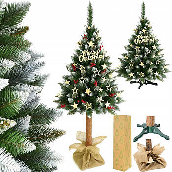 Штучна ялинка на пні «Корал» 1,8-2,2 м зі снігом та калиною Зелена / Новорічна засніжена ялина