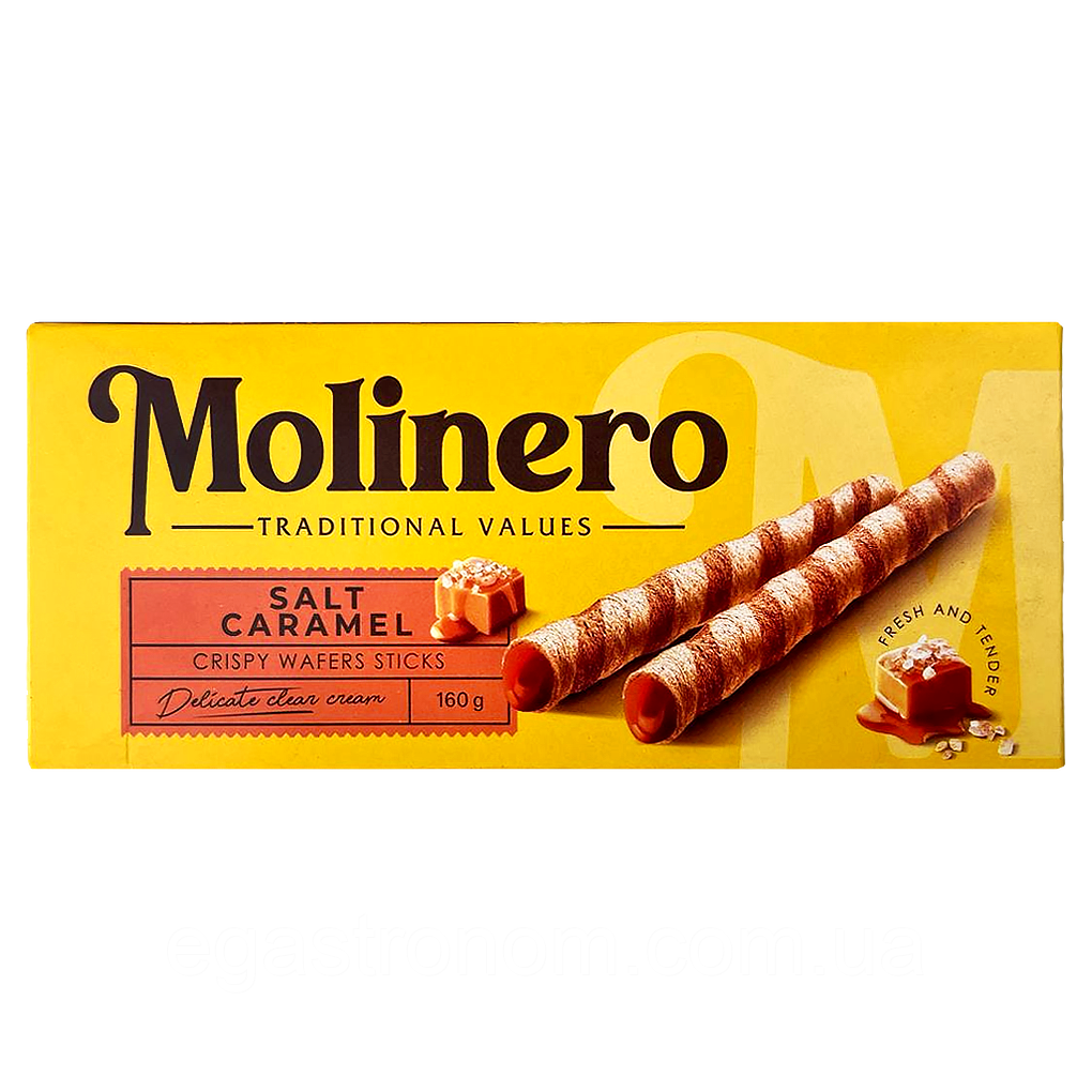 Вафельні трубочки зі смаком соленої карамелі Молінеро Molinero 160g 18шт/ящ (Код: 00-00018004), фото 1