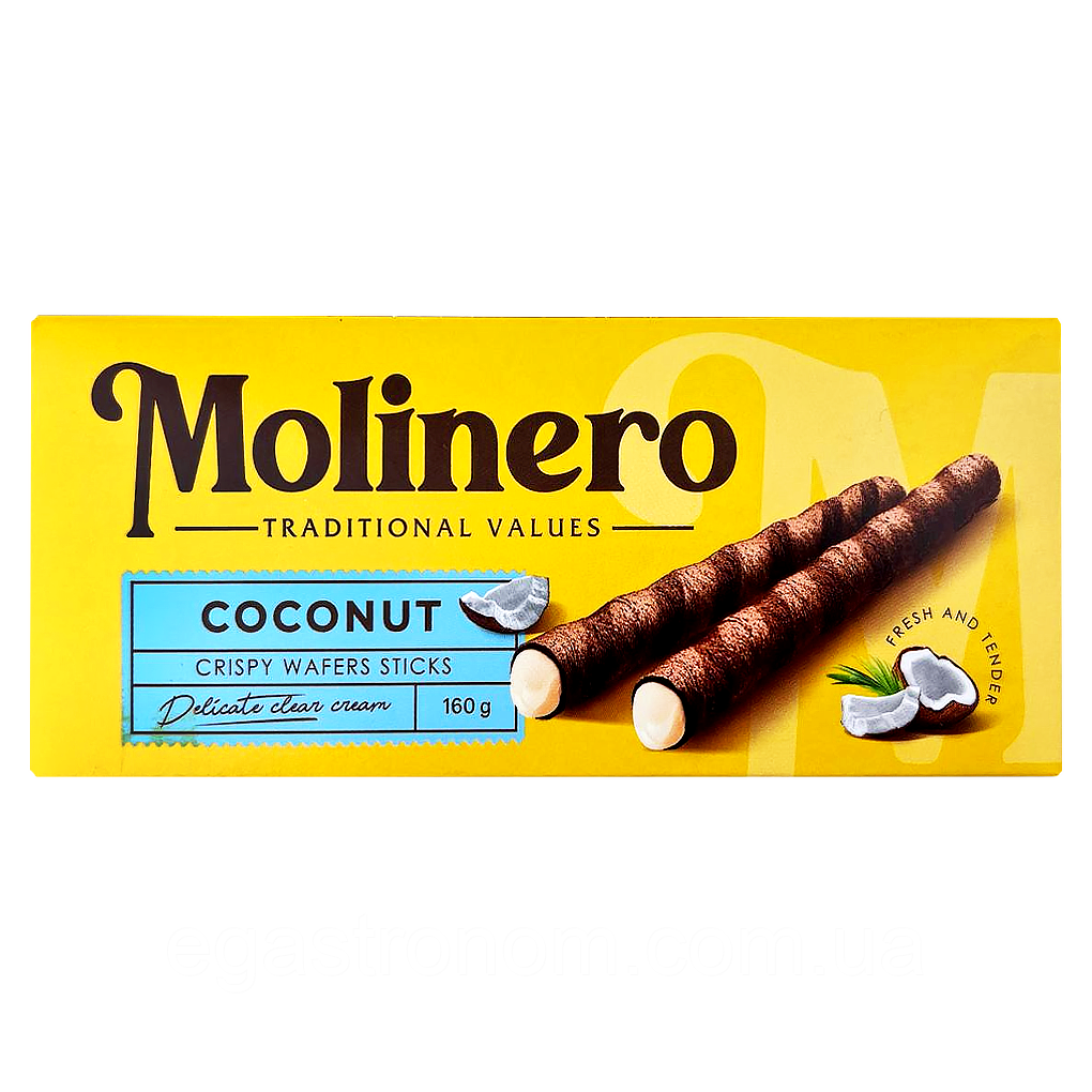 Вафельні трубочки зі смаком кокосу Молінеро Molinero 160g 18шт/ящ (Код: 00-00018005), фото 1